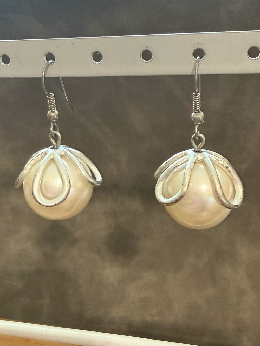 Vintage Pearl Drop Earrings in Ivory with Silver Accent